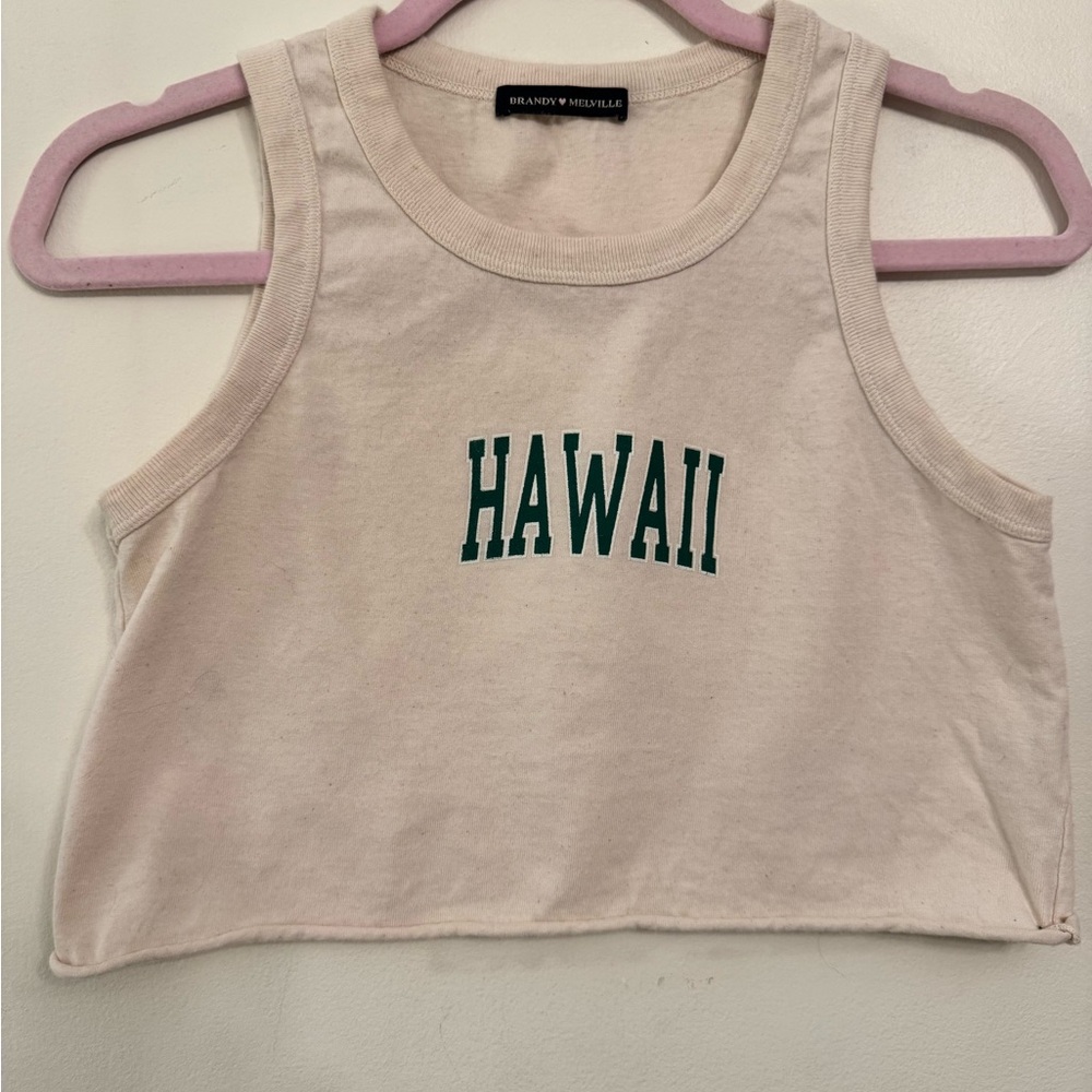 Brandy Melville Cream Crop Tank with Green Hawaii Print - One Size - Trendy
